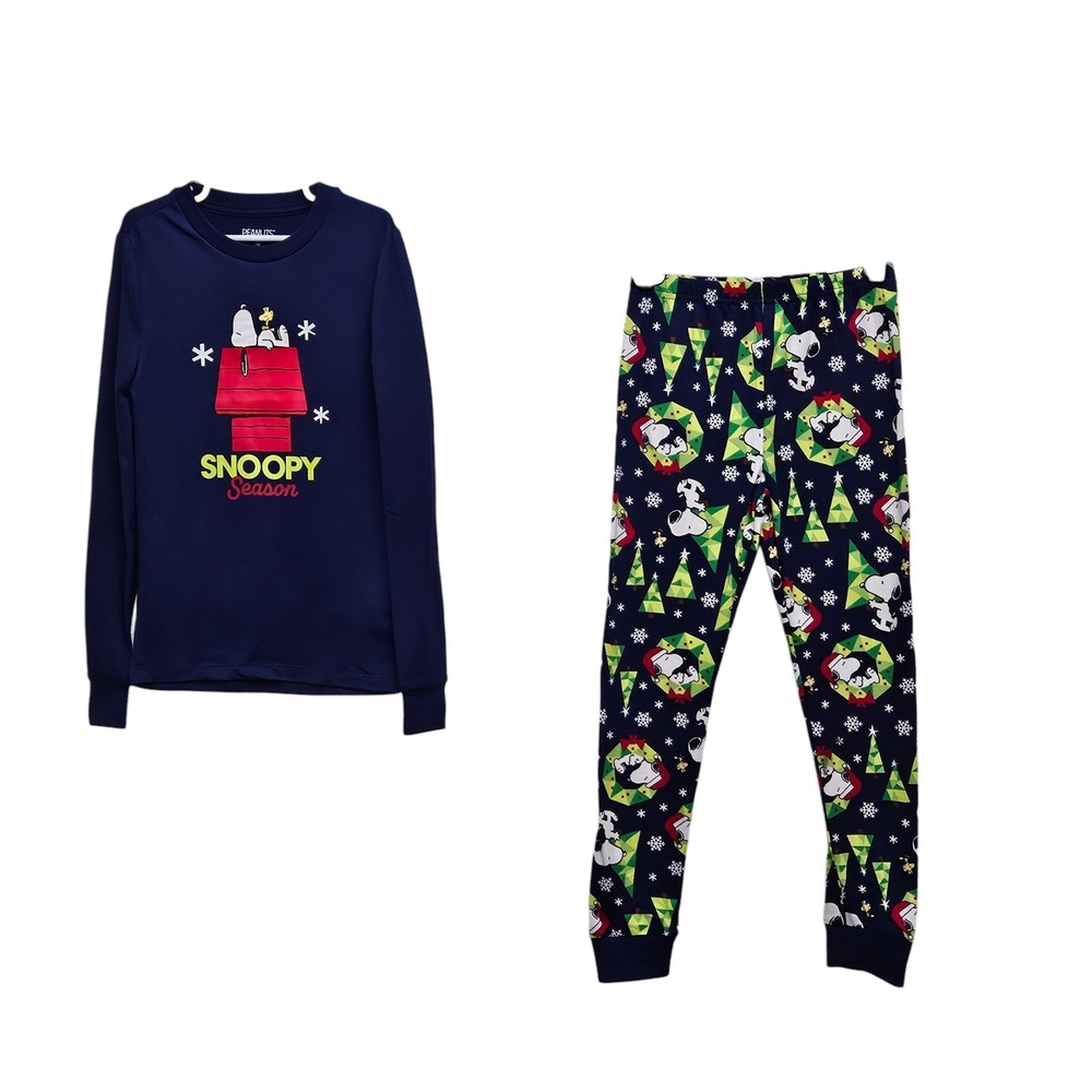 Peanuts Snoopy Pajama Set Kids 12 Navy Blue Christmas Holiday Snug Fit Sleepwear